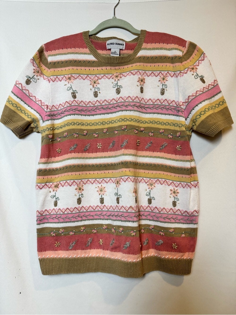Alfred Dunner Short-Sleeve Floral Fair Isle Knit Sweater M
